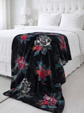 Ed Hardy Black and Red Plush Throw
